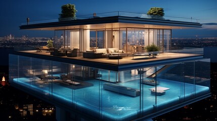 Obraz premium A rooftop pool with a glass-bottom section showcasing the interior of the home.