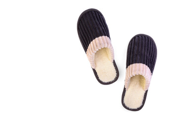 Men's grey house slippers isolated on white background with copy space.