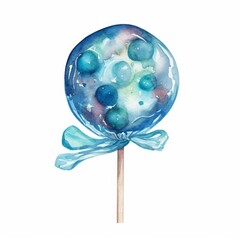 Cheerful watercolor illustration of a blue raspberry-flavored lollipop on white background. AI generated