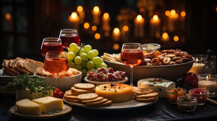 Serve a plate of snacks and crackers. Table full of dishes with cheese and meat food for a party. Serving catering for a feast.
