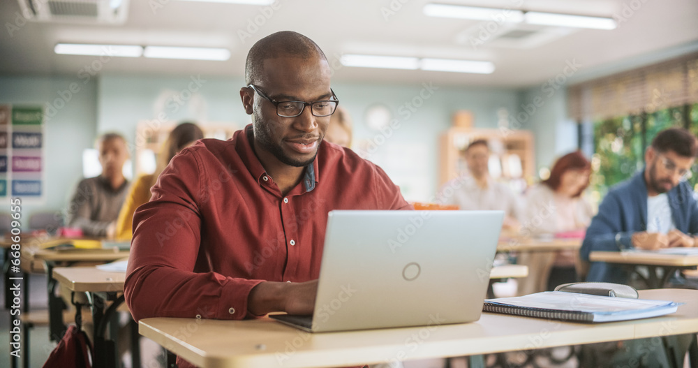 Poster adult education center: african student learning in classroom, using laptop to write down notes. gro