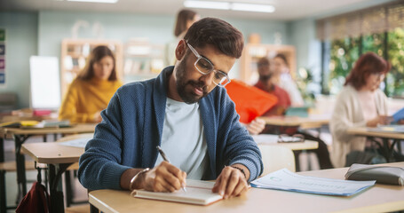 Portrait of a Handsome Indian Student Taking a Course in an International Adult Education Center. South Asian Man Wearing Glasses, Sitting Behind a Desk and Writing Down Notes in Notebook - obrazy, fototapety, plakaty