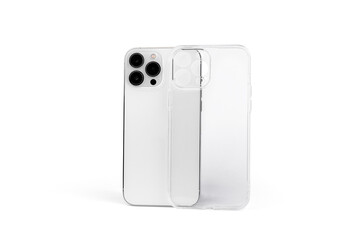 Silicone transparent phone case with white smartphone isolated on white background.