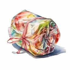 Colorful watercolor illustration of a wrapped hard candy, single, white background. AI generated