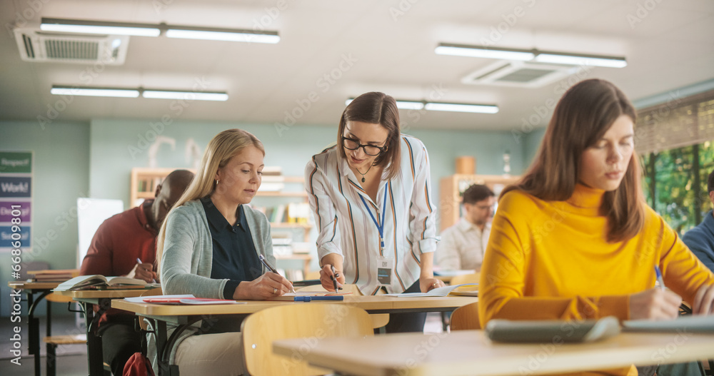 Aufkleber helpful young teacher talking with a middle-aged female, helping to find a solution for a test cours