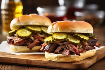 stacked barbecue beef brisket sandwiches with pickles - obrazy, fototapety, plakaty