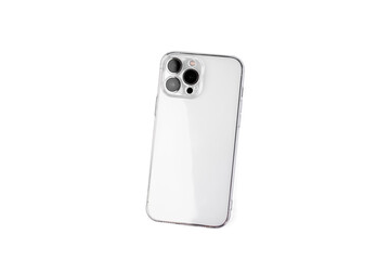 Silicone transparent phone case on white smartphone isolated on white background.