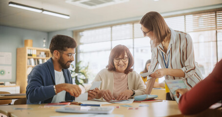 Diverse Multiethnic Young and Senior Adults Having a Fun Quiz Game Team Assignment, Undergoing a...