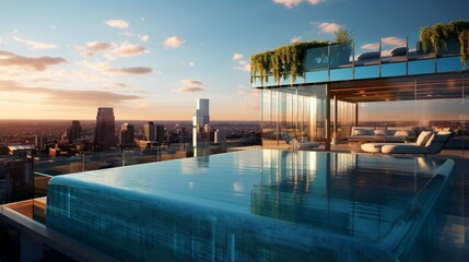 A rooftop pool with a transparent side offering a view of the bustling city below. - obrazy, fototapety, plakaty