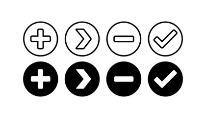 Plus, arrow, minus, checkmark icons. Outline, plus, arrow, minus, checkmark icons. Vector icons