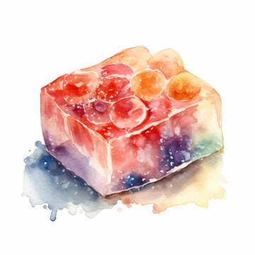 Delicate watercolor image of a sugar-coated gummy bear on white background. AI generated