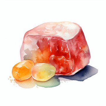 Delicate watercolor image of a sugar-coated gummy bear on white background. AI generated