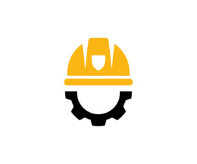 Helmet and gear. Safety and protection, engineer. Construction, labor and engineering symbols. Workwear, helmet construction and cogwheel vector design and illustration.