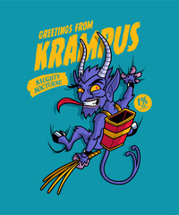 Greetings from Krampus. Christmas Cartoon Character Illustration.