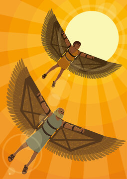 Cartoon illustration of Daedalus and Icarus soaring in the sky with large artificial wings. NOT AI generated.
