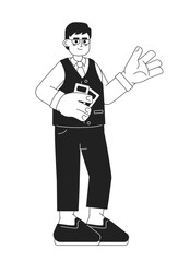 Flight attendant male black and white cartoon flat illustration. Airline steward asian eyeglasses man linear 2D character isolated. Japanese air host holding tickets monochromatic scene vector image