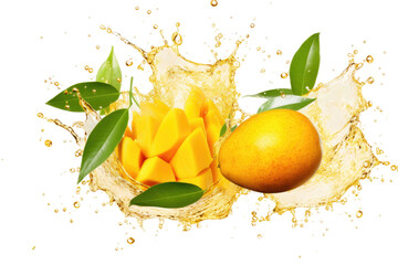 Ripe Mango Pieces with Green Leaves and Succulent Juice Isolated on Transparent Background