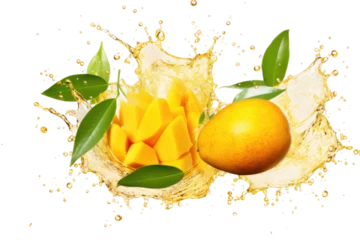 Tuinposter Ripe Mango Pieces with Green Leaves and Succulent Juice Isolated on Transparent Background © Cool Free Games