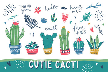 Cute cactus vector set with lettering and design elements. Hand drawn plants, branches, flowers, leaves and hearts. - 668611869