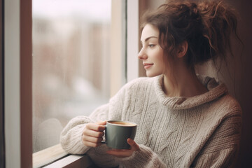 Portrait of happy young woman in cozy sweater holding a cup of hot drink and looking trough the window, enjoying the winter morning at home, side view