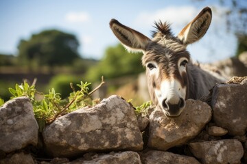 Donkey looking over a Dry Stone Wall. - obrazy, fototapety, plakaty