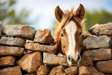 Pony looking over a Dry Stone Wall.