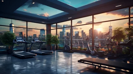 Photo sur Aluminium Gondoles A rooftop terrace featuring a glass-encased gym with panoramic city views.