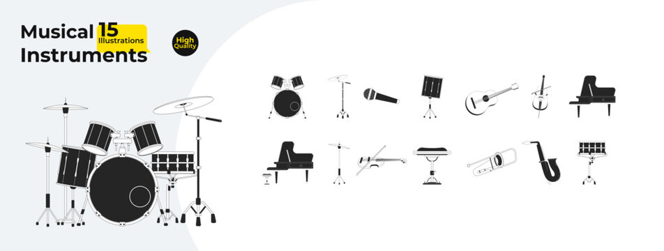 Musical instruments black and white 2D line cartoon objects bundle. Music performance equipment isolated vector outline items collection. Orchestra monochromatic flat spot illustration collection