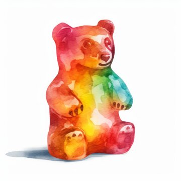 Vibrant watercolor image of a rainbow-colored gummy bear on white background. AI generated