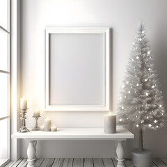 Empty frame hanging on wall with Christmas tree and candles decoration