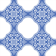 Pattern blue and white.Original traditional Portuguese and Spain decor.Seamless pattern tile with Victorian motives.Ceramic tile in talavera style. Ornamental blue and white patterns for any decor.