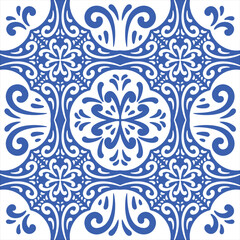 Pattern blue and white.Original traditional Portuguese and Spain decor.Seamless pattern tile with Victorian motives.Ceramic tile in talavera style. Ornamental blue and white patterns for any decor.