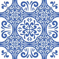 Pattern blue and white.Original traditional Portuguese and Spain decor.Seamless pattern tile with Victorian motives.Ceramic tile in talavera style. Ornamental blue and white patterns for any decor.