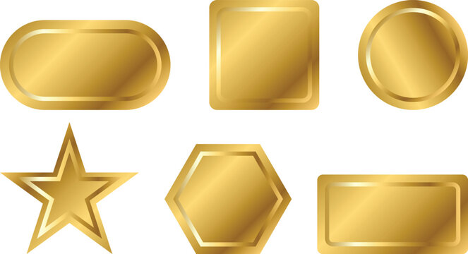 Gold button of different geometric shapes with frames and shine light effect. Vector illustration