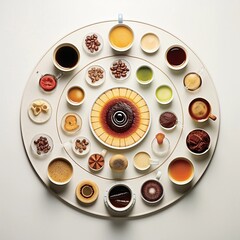 a variety of food and seasonings, many cups arranged in the form of a clock,