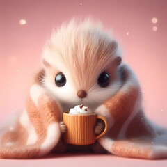cute squirrel wrapped in a blanket with a cup of tea