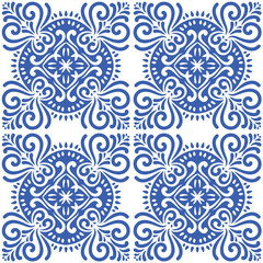 Fototapeta premium Pattern blue and white.Original traditional Portuguese and Spain decor.Seamless pattern tile with Victorian motives.Ceramic tile in talavera style. Ornamental blue and white patterns for any decor.