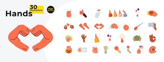 Everyday activities cartoon character hands illustration bundle. Shopping bags, drinks 2D vector images isolated on white background. Halloween, independence day editable flat clipart color collection