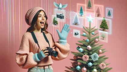 Capturing the festive spirit with a futuristic twist, a woman poses next to a dazzling christmas tree while shopping for stylish holiday clothing against a sleek indoor wall