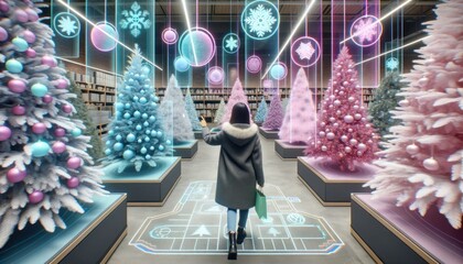 A futuristic woman peruses the indoor christmas tree selection at a trendy store, adorned in fashion-forward clothing and captivated by the holiday spirit - obrazy, fototapety, plakaty