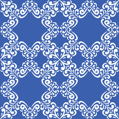 Pattern blue and white.Original traditional Portuguese and Spain decor.Seamless pattern tile with Victorian motives.Ceramic tile in talavera style. Ornamental blue and white patterns for any decor.