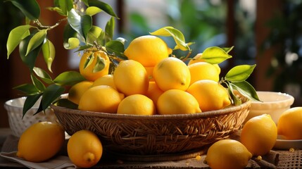 Lemons near the window in the basket. Generative AI.