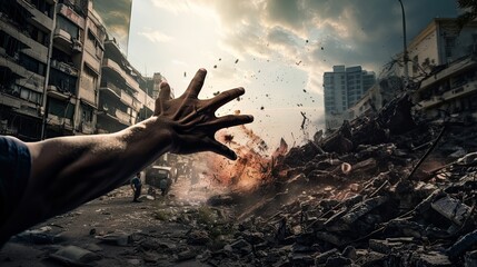A gripping image capturing the raw intensity of an urban explosion, with a man's hand reaching out amidst the chaos and devastation, evoking feelings of urgency, danger, and survival.

 - obrazy, fototapety, plakaty