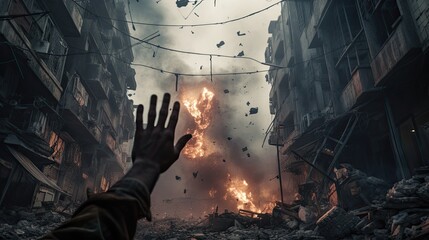 A gripping scene capturing the immediate fallout of a city explosion with debris in mid-air and a person's hand reaching out for help amidst the devastation.

 - obrazy, fototapety, plakaty