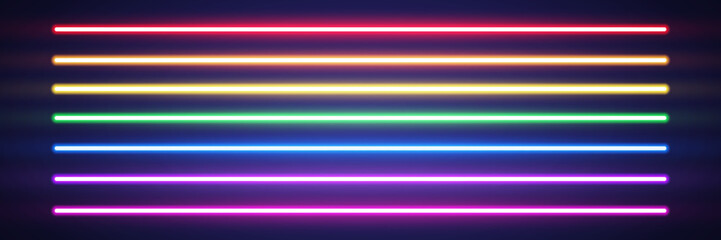 Neon long lines set. Rainbow border. Color laser beam. Realistic led neon tube. Shining night signboard. Bright design for party, game, web. Horizontal lamp sign. Retro neon wall. Vector illustration - obrazy, fototapety, plakaty