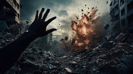 A gripping scene captures the intense moment of a powerful explosion in a demolished cityscape with a human hand in the foreground reaching out, portraying vulnerability and urgency.

