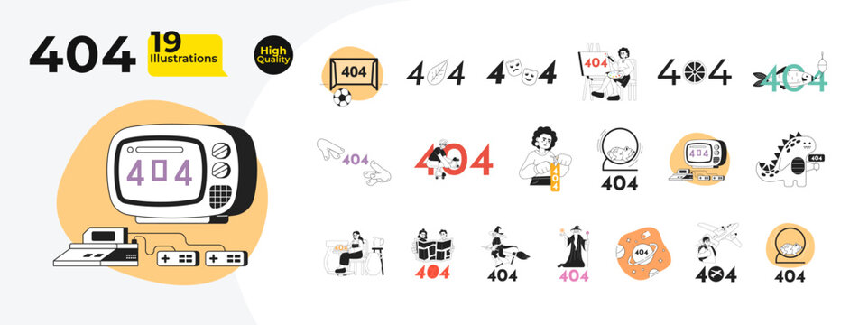 Hobby leisure black and white 404 error isolated illustration bundle. Crafting, travel not found outline cartoon cliparts isolated. Halloween, cute animals linear empty state collection ui design