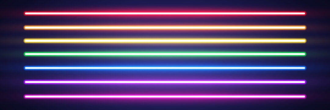 Neon long lines set. Rainbow border. Color laser beam. Realistic led neon tube. Shining night signboard. Bright design for party, game, web. Horizontal lamp sign. Retro neon wall. Vector illustration