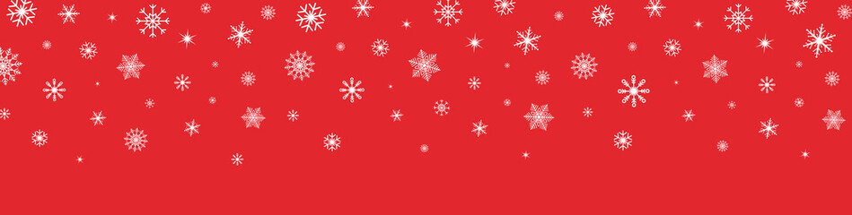 Snowflake Christmas frame. White snowflakes on red banner. Happy Holiday card. Hello winter border. Color snowfall background. Flying confetti decoration. Celebration design. Vector illustration
