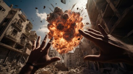 An intense portrayal of an explosion in an urban environment captures the immediate aftermath as hands reach out amidst the chaos.
 - obrazy, fototapety, plakaty